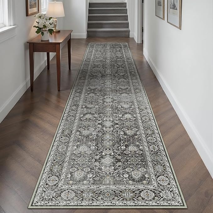 Black Runner Rug 3x12 Vintage Area Carpet Hallway Long Indoor Kitchen Washable Living Room Low Pile Traditional Distressed Retro Accent Throw Rug Non Slip Laundry Bathroom Office Dining Room
