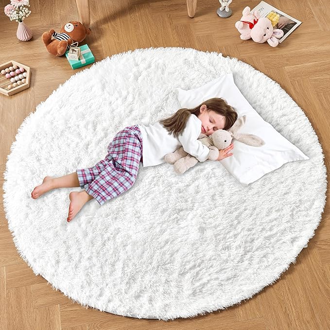 Andency White Round Area Rug for Living Room, Large Shag Circle Rug 7x7 for Bedroom, Fluffy Faux Fur Carpet for Room Home Decor, Circular Fuzzy Plush Rug for Playroom Dorm Home Decor