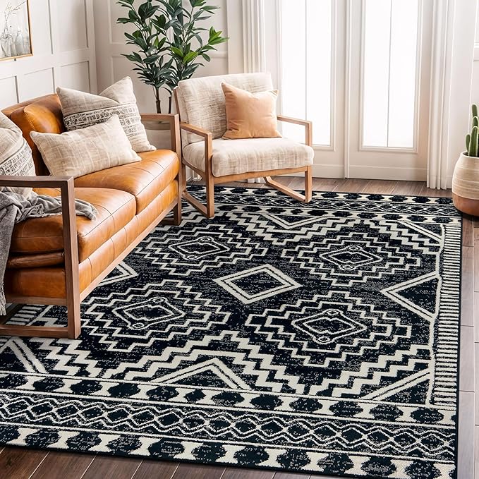 Rugshop Southwestern Black and White Tribal Area Rug – Geometric Diamond Pattern Carpet for Living Room, Bedroom, or Entryway – Boho Rustic Soft Floor Decor 5' x 7' Black