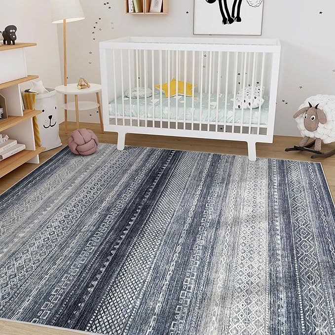 Nakagishi Area Rug Living Room Rugs: 7x9 Machine Washable Boho Large Neutral Farmhouse Stain Resistant Moroccan Indoor Floor Carpet for Bedroom Nursery Dorm Classroom Dining Room Home-Blue