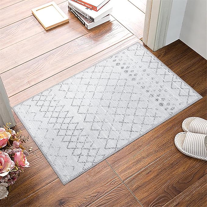 GLN Rugs Contemporary Collection - Machine Washable Area Rug, Contemporary Washable, Non Slip, Low Pile Chenille Rug, Living Room, Bedroom, Kitchen Rug (2' x 3' Gray 0166)
