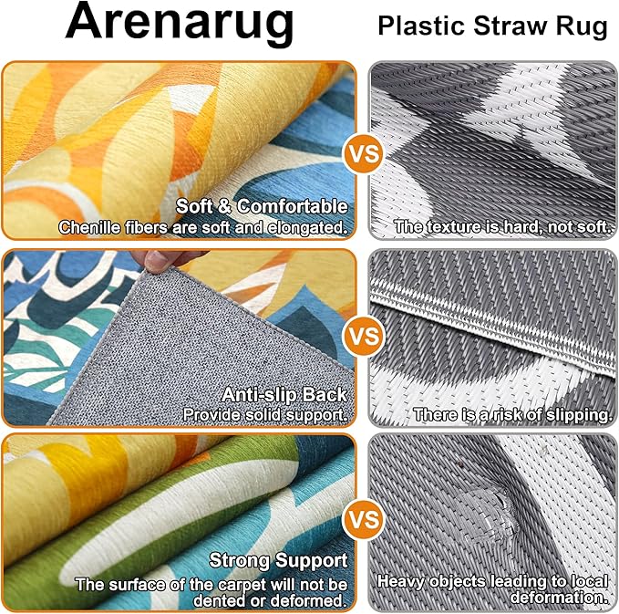 Colorful 6x9 Outdoor Area Rug Washable Multicolored Patio Rug Tropical Botanical Floral Chenille Waterproof Outdoor Carpet Non-Slip for Patio, Deck, Backyard, Porch, Green
