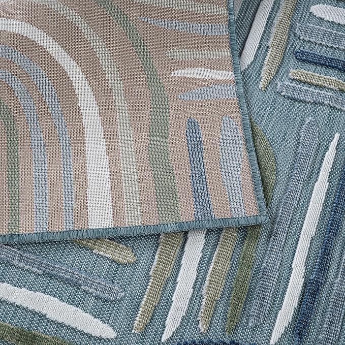CAMILSON Indoor Outdoor Rug, Aqua 5x7 Geometric Arch Striped Area Rugs for Patio and Home Areas, Easy-Cleaning Non-Shedding Living Room, Garden and Deck Washable Outside Carpet (5 x 7)