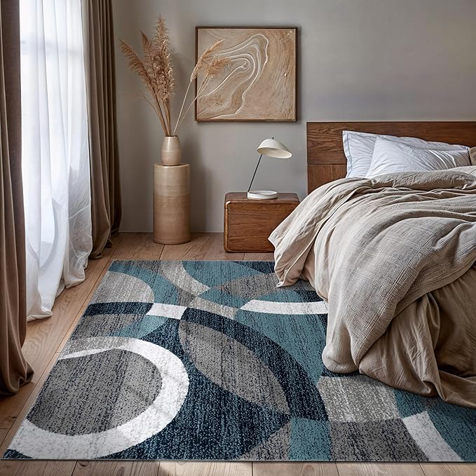 Rugshop Blue Modern Geometric Indoor Area Rug, Overlapping Circle Pattern, Fade Resistant, Non-Shedding, for Living Room, Bedroom and Home Office, 5'3" x 7'3"