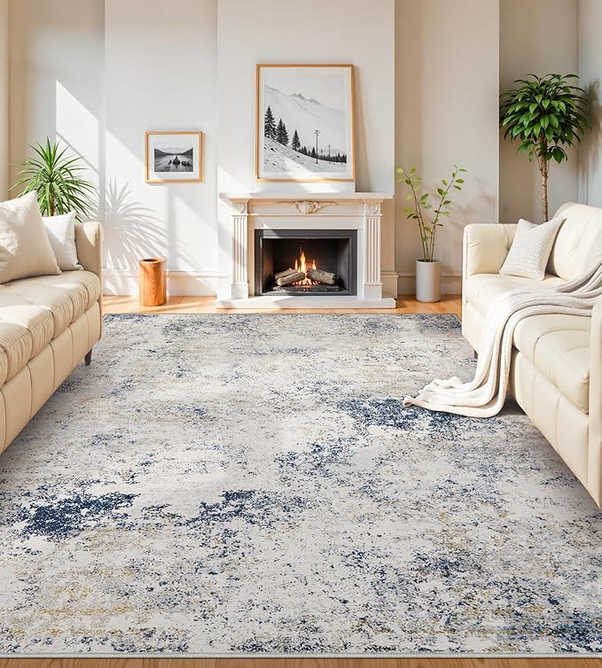 10x14 Washable Area Rugs - Modern Abstract Large Rugs for Living Room Non-Slip Low Pile Soft Machine Washable Carpet for Bedroom, Under Dining Table, Nursery, Farmhouse (10'x14' Beige Blue)