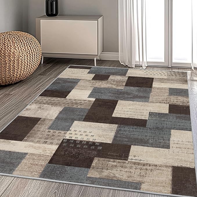 Modern Geometric Patchwork Indoor Area Rug for Living Room, Blue-Taupe 8'x 10' Large Rug Rockwood Collection Hardwood Floors Decor for Bedroom, Blue Throw Carpet for Office Entryway Dining Room