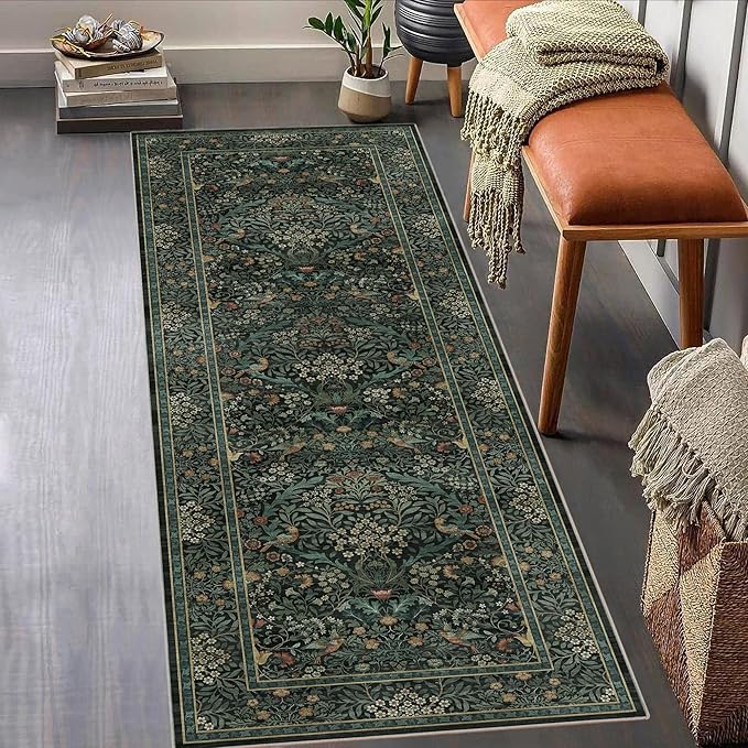 2x6 Floral Washable Area Rug Soft Runner Rugs for Living Room, Vintage Boho Hallway Rug for Bedroom Dining Room, Distressed Botanical Birds Non Slip Low Pile Animal Throw Carpet for Office, Dark Green