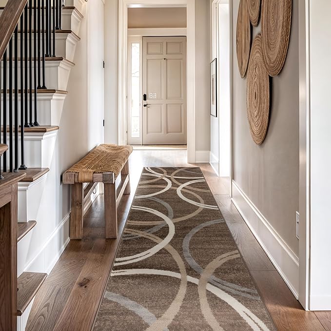 Rugshop Modern Wavy Circles Design Runner Rug, Carpet with Jute Backing for Hallway, Entryway, or Kitchen, Brown, 2'7" x 12'
