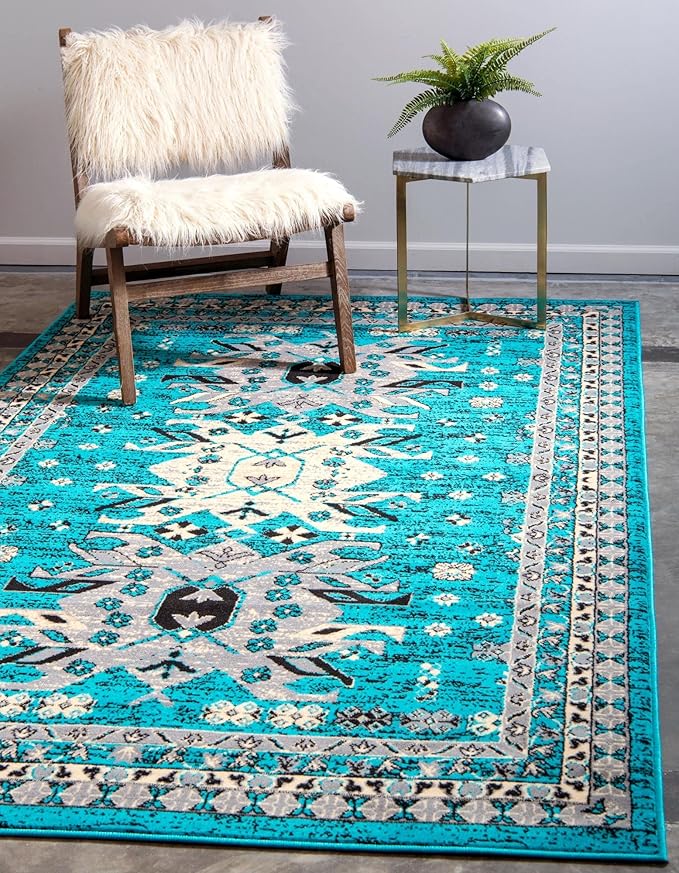 Unique Loom Taftan Collection Border Geometric Tribal Inspired Design Area Rug (4' 0 x 6' 0 Rectangular, Turquoise/ Gray)