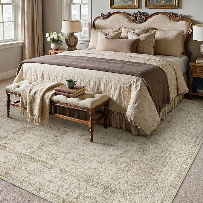 HUGEAR Retro Beige Area Rug 6x9 Machine Washable Living Room Rugs Distressed Vintage Floral Low Pile Carpet Bedroom Office Dining Room Laundry Room Non Slip Soft Lightweight