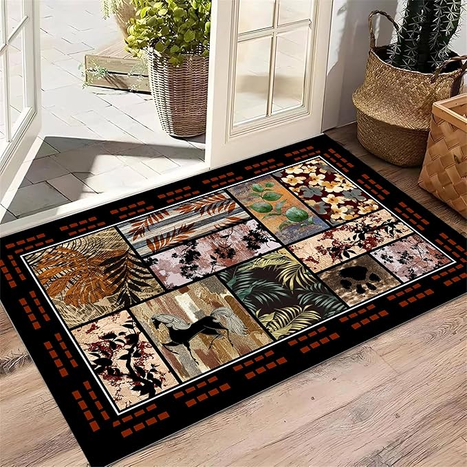 Rustic Cabin Area Rug 6x8ft, Animal & Moroccan Plaid Pattern Vintage Boho Carpet, Stain-Resistant Pet-Friendly & Non-Slip Low Pile for Living Room, Bedroom, Dining Room