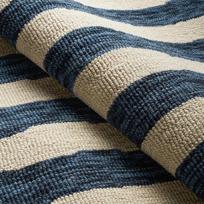 Dash & Albert Silas Stripe Navy Hand Micro Hooked Wool Rug, 9.5 X 13.5 Feet, Blue Stripe Pattern - Premium Luxury Hotel Quality Soft Breathable Hypoallergenic Machine Washable Easy Care All Season