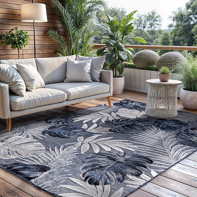 CAMILSON Indoor Outdoor Rug, Navy Blue 6’x9’ Leaf Tropical Botanical Area Rugs for Indoor and Outdoor patios, Easy-Cleaning Non-Shedding Living Room, Garden and Kitchen Washable Outside Carpet (6x9)