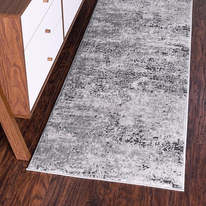 Rugs.com Leipzig Collection Rug – 8 Ft Runner Gray Low-Pile Rug Perfect for Hallways, Entryways