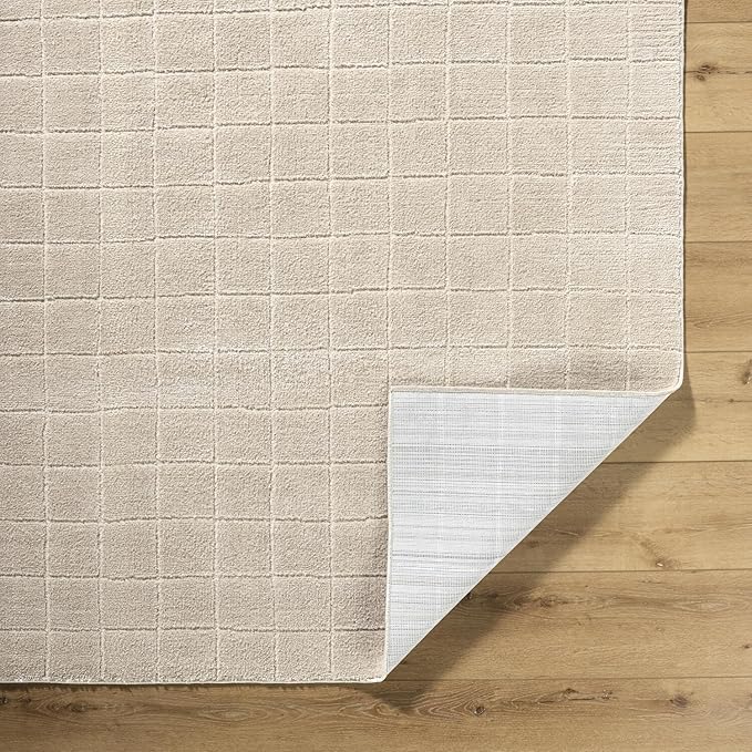 Livabliss x Our PNW Home Cascade Minimalist Grid Area Rug, 5'3" x 7', Light Beige