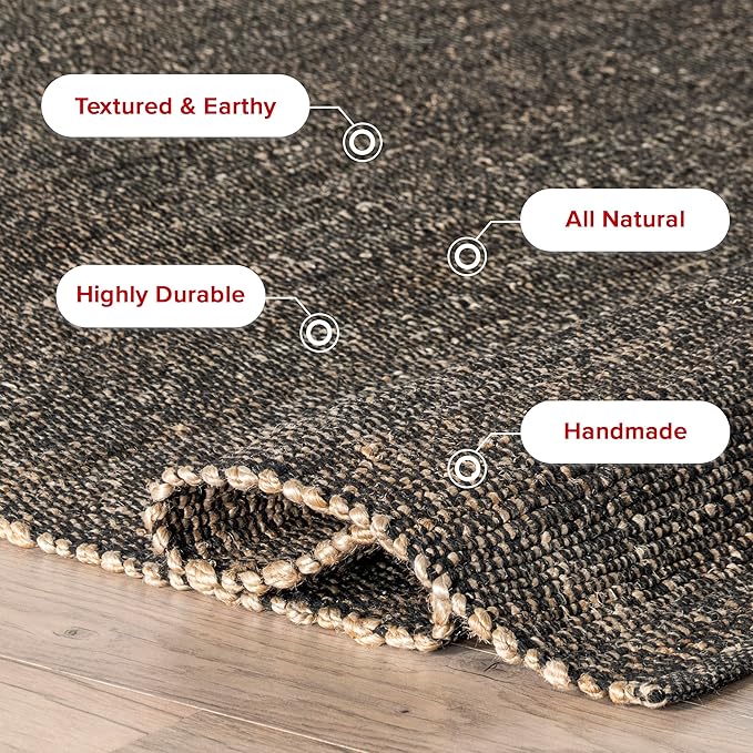 nuLOOM 6x9 Elfriede Jute & Cotton Hand Woven Area Rug, Charcoal, Solid Rustic Farmhouse Style, Weaved Design, Natural Fiber, For Bedroom, Living Room, Dining Room, Hallway, Office, Entryway