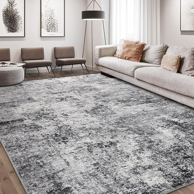 Area Rug Living Room Rugs - 7x10 Washable Large Soft Indoor Neutral Modern Abstract Low Pile Rug Carpet for Bedroom Dining Room Farmhouse Home Office - Grey