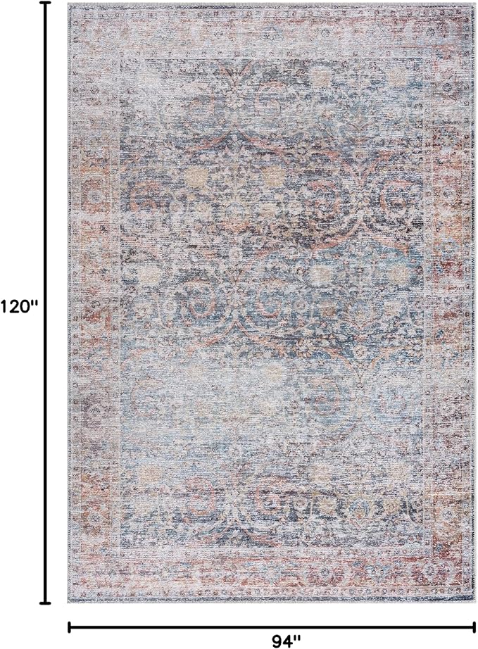 Bloom Rugs Caria Washable Non-Slip 8x10 Rug - Ocean Blue/Brick Traditional Area Rug for Living Room, Bedroom, Dining Room, and Kitchen - Exact Size: 7'8" x 10'