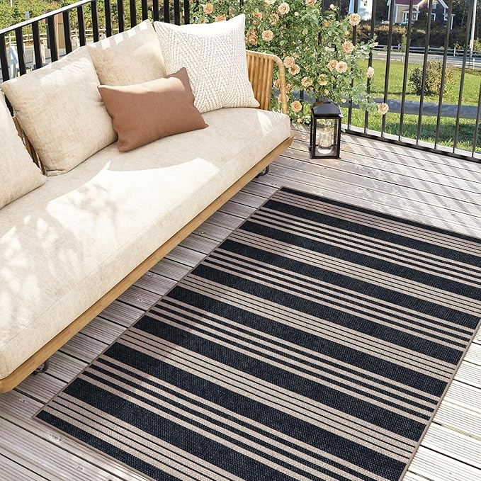 Lahome Striped Easy Jute Washable Rug, 3x5 Outdoor Porch Patio Entryway Rug Indoor Outdoor Carpet for Living Room, Farmhouse Neutral Non Slip Black Carpet for Backyard Bedroom Kitchen