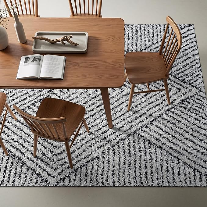 Rugshop Geometric Diamond Stripe Shag Area Rug White 7' 10" x 10' Perfect for Large Living Rooms, Dining Areas, or Master Bedrooms