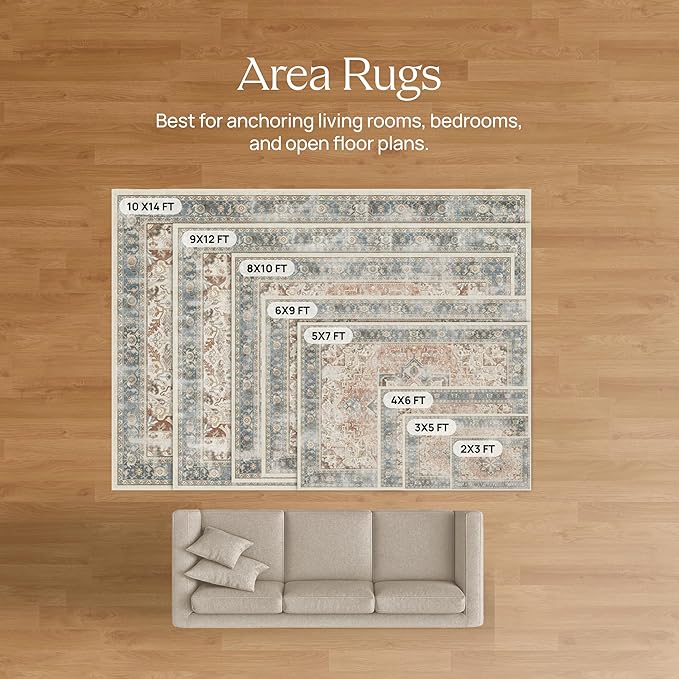 RUGGABLE Washable Vintage Area Rug – Verena Sapphire 8x10, Stain-Resistant, Non-Slip – Large Machine Washable Rugs for Living Room, Bedroom, Hallway, Entryway & Office–with Cushioned Pad