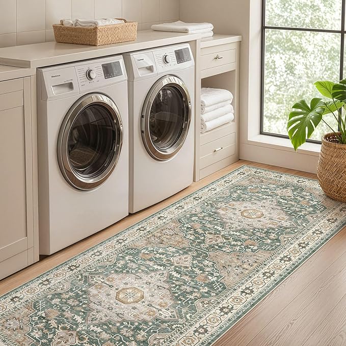 Runner Rug Kitchen Washable Rugs: 3x8 Non-Slip Abstract Soft Modern Stain Resistant Indoor Floor Neutral Accent Throw Carpet for Hallway Bathroom Laundry Room Entryway Bedroom- Green