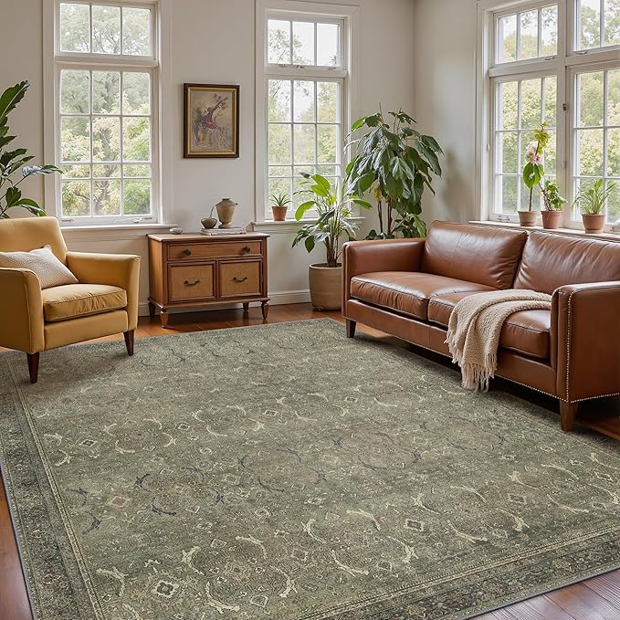 6x9 Area Rug Machine Washable Boho Rug for Living Room,Ultra-Thin Low Pile Carpet,Lightweight Indoor Printed Rug,Non Slip Floral Area Rug for Bedroom, Dining Room, Home Office,Muted Green
