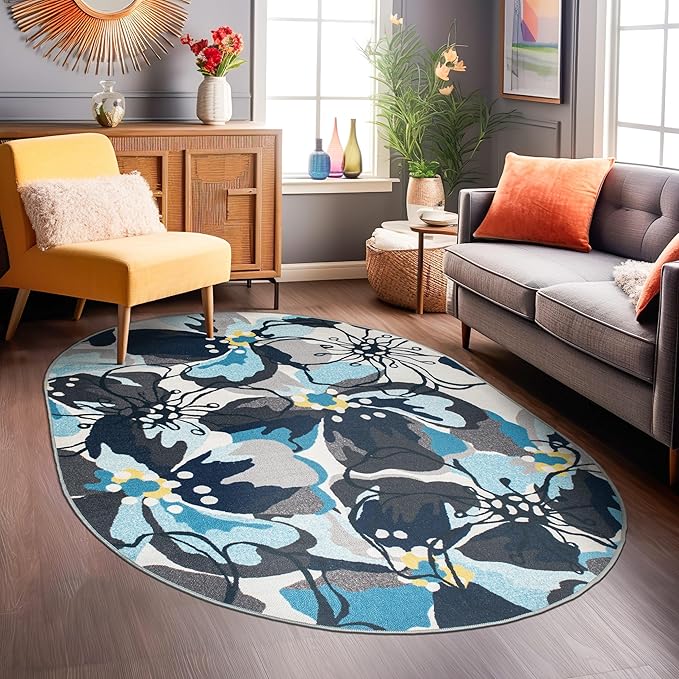 Rugshop Gray Large Floral Non-Slip Area Rug Fade Resistant for Living Room, Dining Room and Bedroom, 5' x 7' Oval