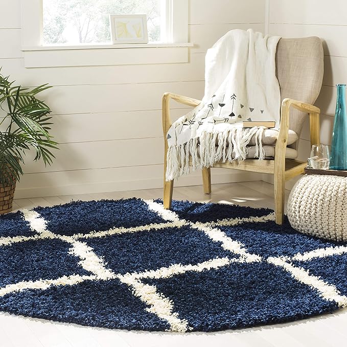 SAFAVIEH Dallas Shag Collection Area Rug - 10' Round, Navy & Ivory, Trellis Design, Non-Shedding & Easy Care, 1.5-inch Thick Ideal for High Traffic Areas in Living Room, Bedroom (SGD257N)