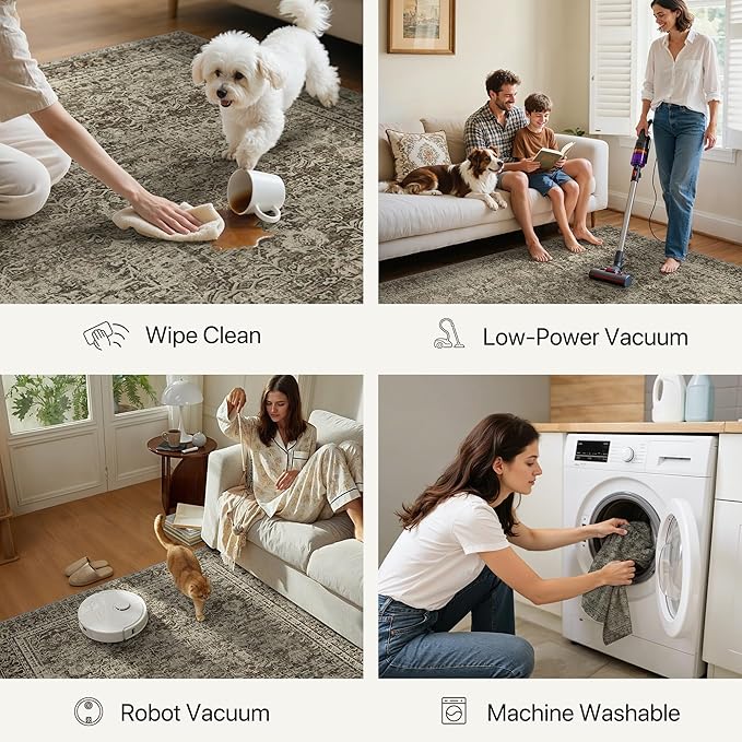 9x12 Area Rug Machine Washable Boho Rug for Living Room,Ultra-Thin Low Pile Carpet,Lightweight Indoor Printed Rug,Non Slip Floral Area Rug for Bedroom, Dining Room, Home Office,Vintage Sage Green