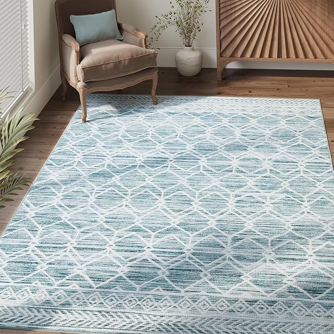 jinchan Moroccan 5x7 Area Rugs for Bedroom - Machine Washable Soft Modern Geometric Stain Resistant Non-Slip Ultra-Thin Low-Pile Faux Wool Carpet for Living Room Kitchen Dining Room (5x7ft, Teal Blue)