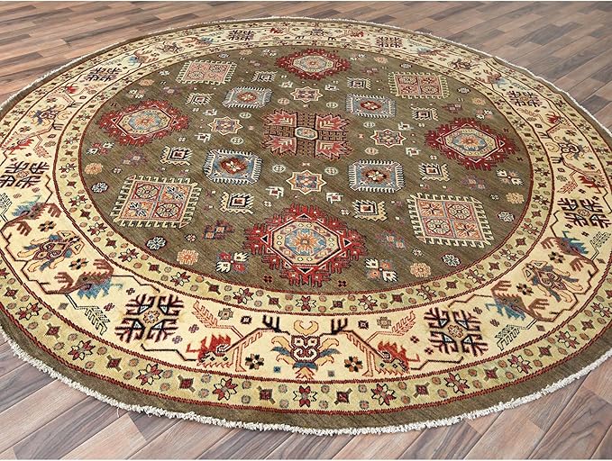 Taupe Brown Special Kazak with All Over Pattern Natural Dyes Organic Wool Hand Knotted Round Oriental Rug (9'x9')