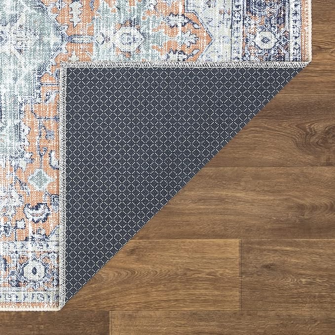 Bloom Rugs Washable Non-Slip 7 ft Runner - Peach/Blue Traditional Runner for Entryway, Hallway, Bathroom, and Kitchen - Exact Size: 2.5' x 7'