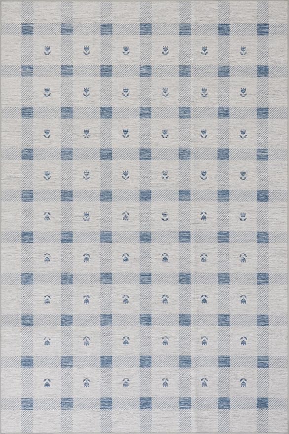 Dash & Albert Valen Plaid Blue Machine Washable Rug, 5 X 8 Feet, Blue/White Plaid Pattern