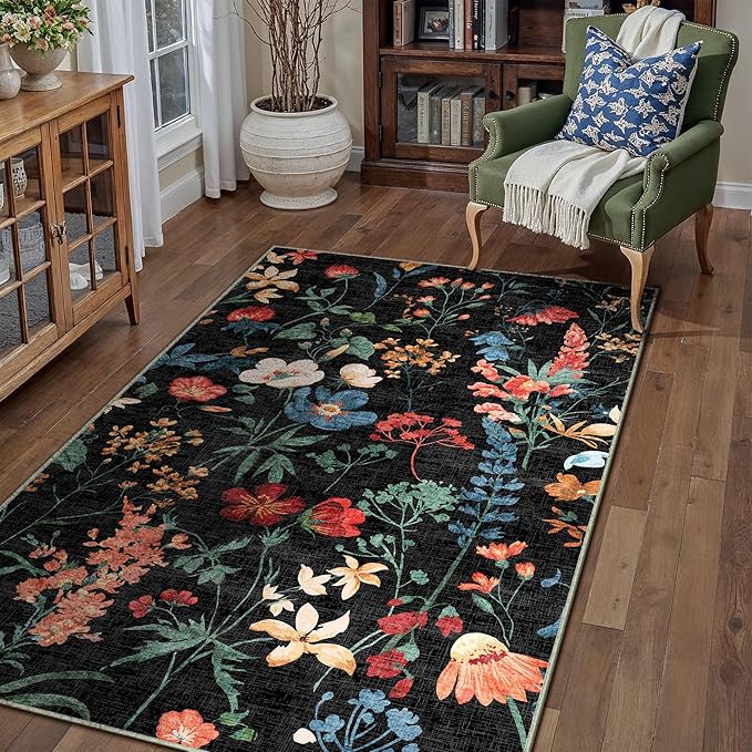 Black Area Rug 3x5 Office Floral Boho Door Mat Indoor Washable Kitchen Carpet Non Slip Bedroom Low Pile Lightweight Soft Throw Rug for Living Dining Room Bathroom