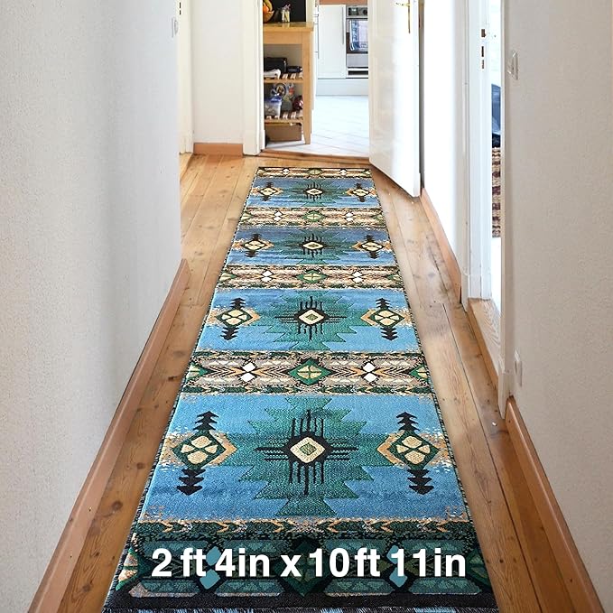 YHSF South West Native American Area Rug C318 - Easy Clean, Thick, Soft, Durable Native Tribal American Indian Inspired Rug for Bedroom/Living Room and More - Blue-Green, 2 ft 4 in x 10 ft 11 in