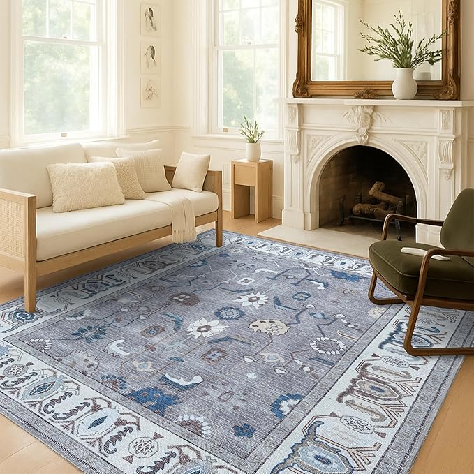 Fame Living Grey Oushak Rug, Modern, Vintage, Turkish, Eclectic, Floral, Pastel, Washable, Oversized, Extra Large Area Rugs for Living Room, Dining, Bedroom, Lounge 9'5"x14'