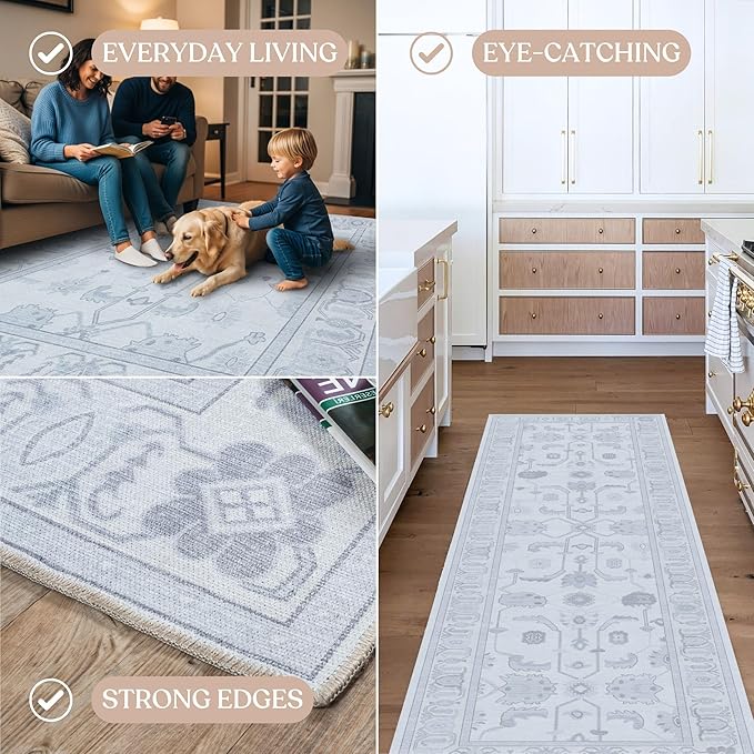 Beige Oushak Runner Rug, Modern Runners, Vintage, Turkish, Eclectic, Floral, Pastel, Washable, Long Runner Rugs for Hallway, Kitchen, Living Room, Bedroom, Kitchen, Bathroom, 2'5"x13'