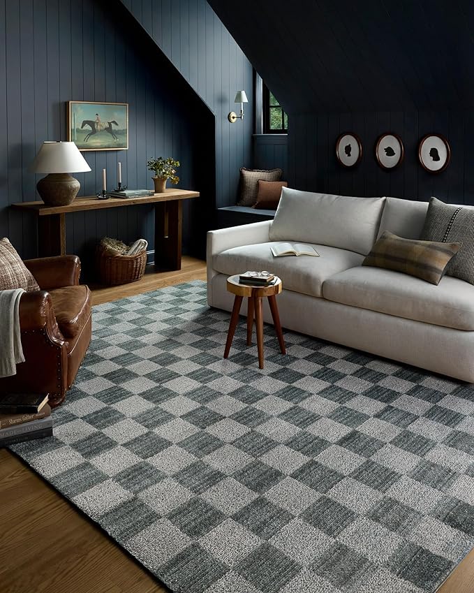 Loloi Chris Loves Julia Calvin Collection CLV-01 Blue/Ivory 7'-10" x 7'-10" Round Area Rug Checkered Neutral Soft Living Room Bedroom Carpet