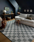 Loloi Chris Loves Julia Calvin Collection CLV-01 Blue/Ivory 7'-10" x 7'-10" Round Area Rug Checkered Neutral Soft Living Room Bedroom Carpet