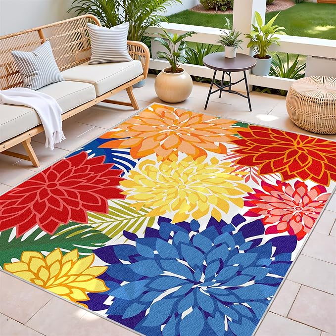 Colorful 9x12 Outdoor Area Rug Washable Multicolored Patio Rug Tropical Botanical Floral Chenille Waterproof Outdoor Carpet Non-Slip for Deck, Backyard, Porch, Rainbow