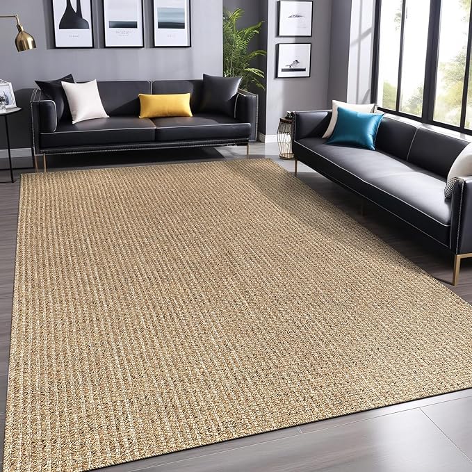 Easy Jute Rugs 9x12 Natural Color Living Room Indoor Outdoor Area Rug for Patio Farmhouse and Kitchen Rug High Traffic Easy to Clean Washable Solid Boho Woven Design Outside Carpet (9 x 12)