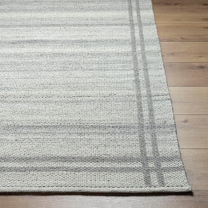 Mark&Day Wool Rugs, 2x8 Janmichael Solid and Border Gray Runner Area Rug, Grey Ivory Carpet for Hallway, Kitchen, Bedroom or Living Room (2'6" x 8' Runner)