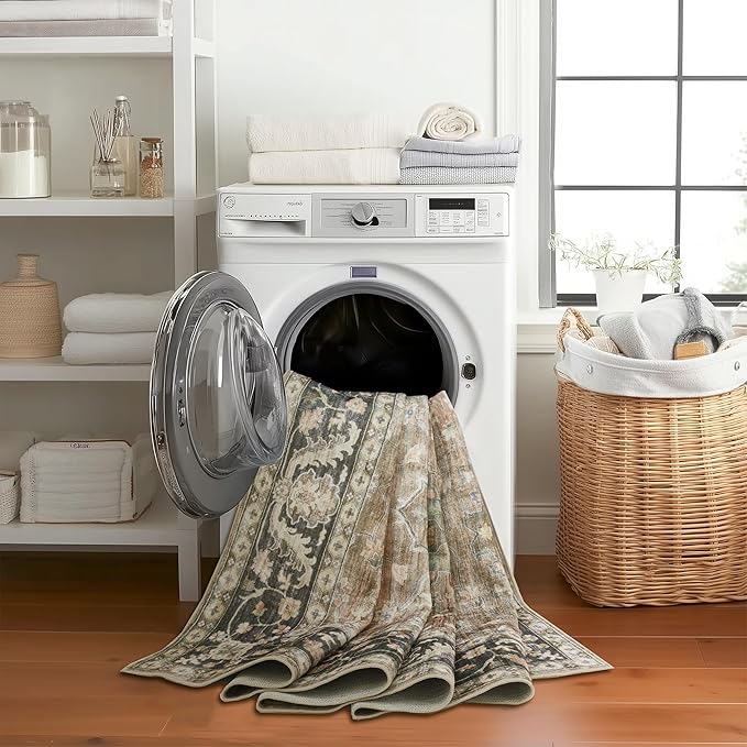 ReaLife Rugs Machine Washable Area Rug - Living Room Bedroom Bathroom Kitchen Entryway Office - Padded Low Pile Stain Resistant Premium - Boho Farmhouse Vintage - BEV - Beige Tan Brown 2'6" x 10'