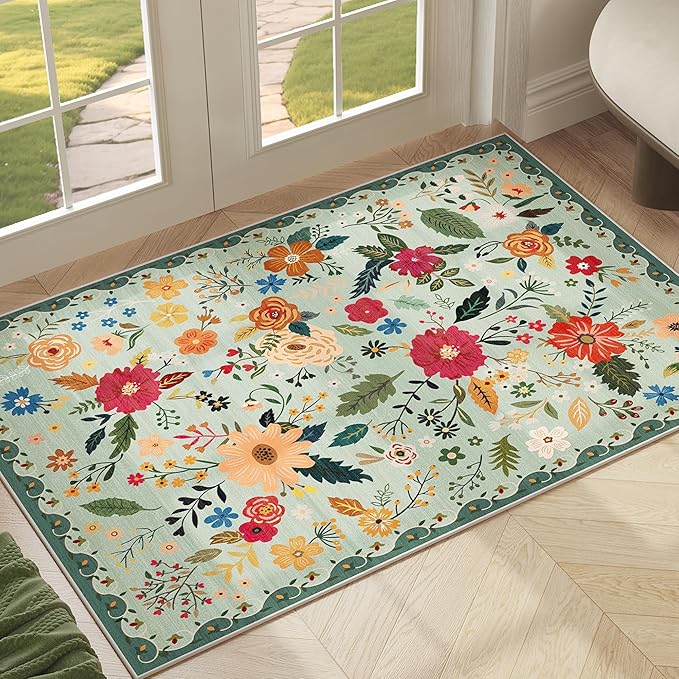 3x5 Area Rug, Floral Green Washable Rug for Entryway, Non Slip Flower Area Rugs, Soft Low Pile Indoor Doormat Small Carpet, Rugs for Living Room Bedroom Nursery Kitchen Dining Room, Sage Green
