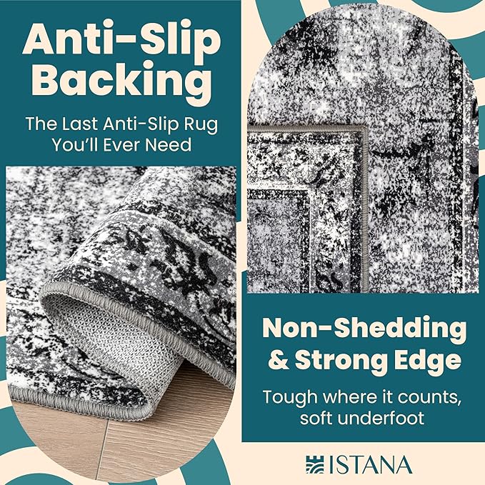 Istana Stylish 10x14 Foldable Machine Washable Dark Grey Area Rugs