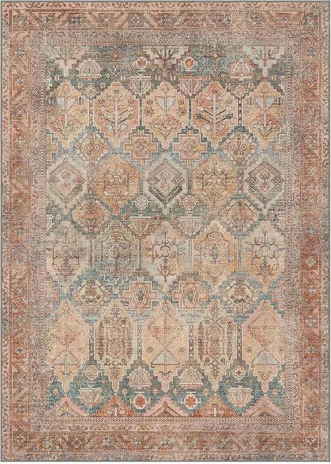 Bavni Washable Rug 5x7 Area Rug for Living Room Bedroom Dining, Washable Vintage Print Carpet, Ultra-Thin Chenille Low Pile Lightweight Rug with Non Slip Backing, Clay