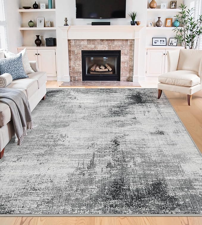 Area Rugs 9x12 Living Room - Modern Abstract Large Rugs for Living Room Non-Slip Low Pile Soft Machine Washable Carpet for Bedroom, Under Dining Table, Nursery, Farmhouse (9'x12' Dark Grey)