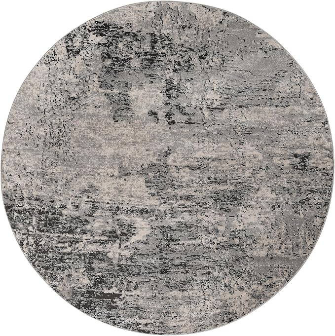 Rugs.com Leipzig Collection Rug – 8 Ft Round Gray Low-Pile Rug Perfect for Kitchens, Dining Rooms