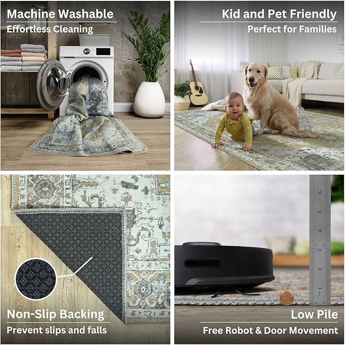 Bloom Rugs Washable Non-Slip 12 ft Runner - Yellow Traditional Medallion Runner for Entryway, Hallway, Bathroom, and Kitchen - Exact Size: 2.5' x 12'